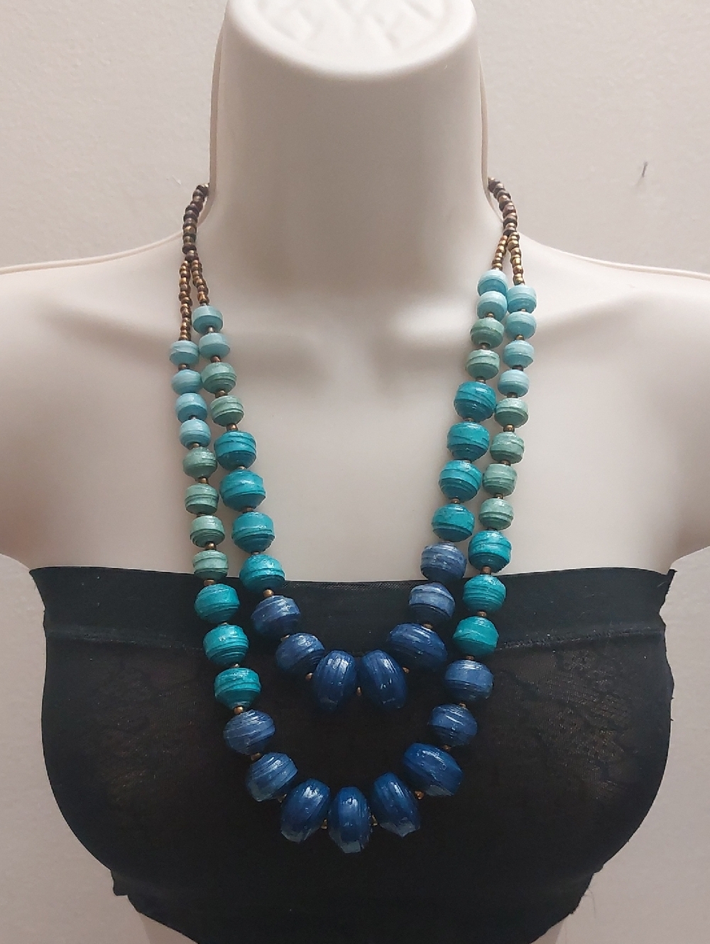 Vtg Blue Green Ombre Double Strand Painted Rolled Paper Beads Statement Necklace